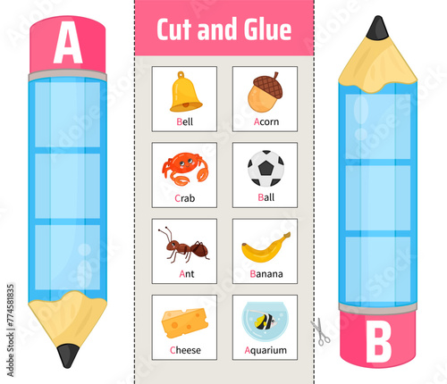 Vector material for children to learn the alphabet. Cut out the cards and glue them onto pencils.
