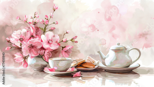 Tea set with teapot, cup and cookies on the table in the style of watercolor