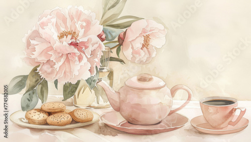 Tea set with teapot, cup and cookies on the table in the style of watercolor