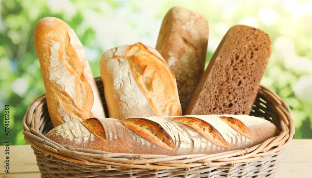 A close-up view of a rustic bread basket featuring a selection of artisan breads including baguettes, whole grain, and sourdough loaves.