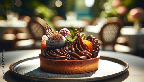 A close-up shot of a single decadent dessert, such as a chocolate tart or a petit four, with the intricate details and textures of the dessert. photo
