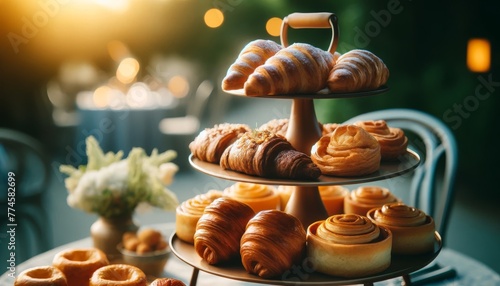 A close-up view of a variety of freshly baked pastries displayed elegantly on a tiered stand. photo