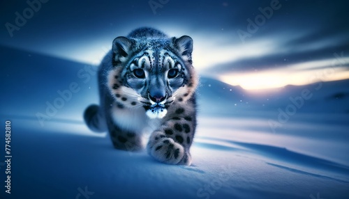 A snow leopard moving silently through a snowy landscape at twilight, its fur catching the blue hues of the dusk light. photo