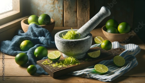 A lime-themed kitchen scene with a mortar and pestle grinding lime zest, accompanied by a blue kitchen towel.