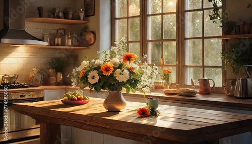 Close-up an empty wooden table with kitchen, a wooden table adorned with vibrant flowers, windows that provide a scenic view., flowers in a vase on the table  © Gul