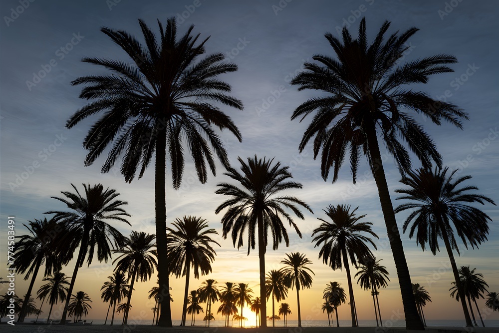 Palm trees on sunset background, tropical serenity, coastal view