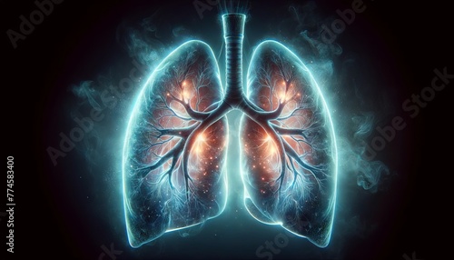A pair of human lungs glowing from within, highlighting the bronchial tree and the alveoli, with a misty breath effect in a cool color palette. photo