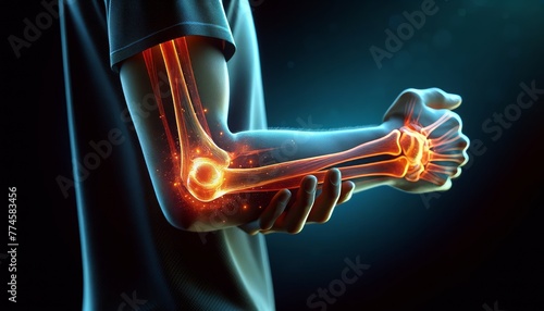 A person's elbow in close-up with the tendons highlighted to visualize tennis elbow or tendonitis. photo