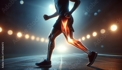 A medium shot of a runner’s silhouette with a glowing hamstring to represent a muscle strain. photo