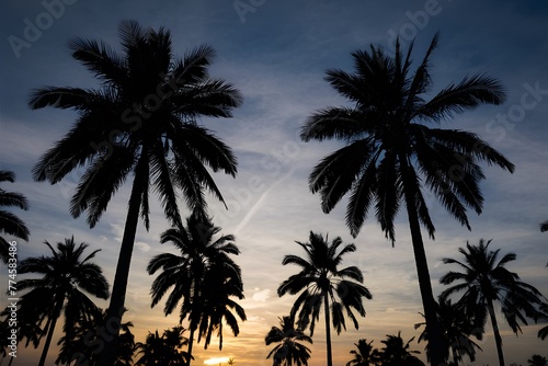 Palm tree silhouettes against sunset sky, tropical evening ambiance