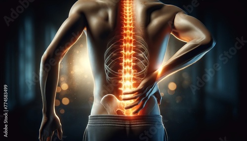 A medium shot of a person touching their lower back with a luminescent spine, signifying back pain or a spinal issue.