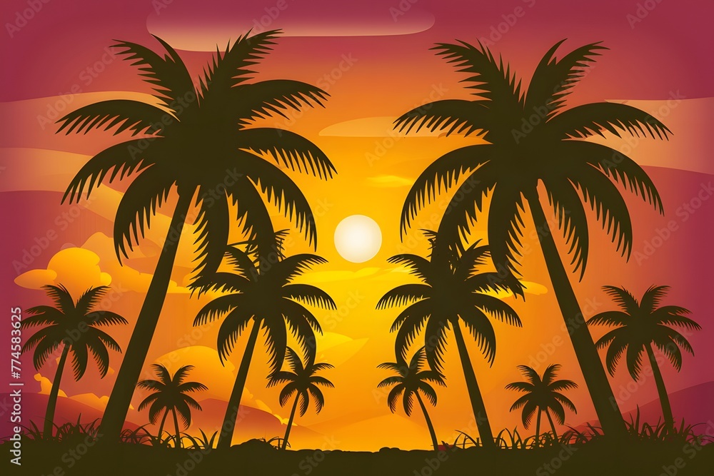 Palm trees over the sunset, tropical paradise landscape