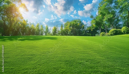 Beautiful wide-angle photo of a manicured country lawn amid trees and shrubs on a sunny summer day, showcasing the essence of spring and summer in nature. Made with generative AI technology. photo