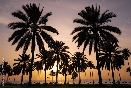 Palm trees on sunset background, tropical serenity, coastal view © Jawed Gfx