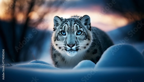 A snow leopard with piercing blue eyes moving stealthily through a snow-covered landscape at dusk. photo