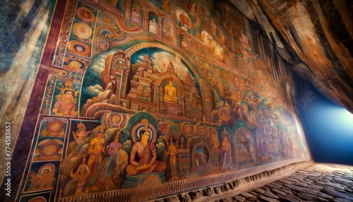 A close-up of the ancient frescoes on the walls of a rock fortress similar to Sigiriya in Sri Lanka.