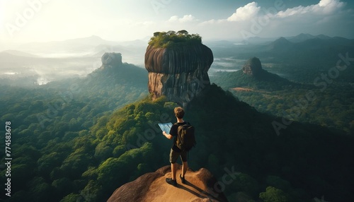 A medium shot of a traveler standing at the peak of a large, majestic rock formation, similar to Sigiriya in Sri Lanka. photo