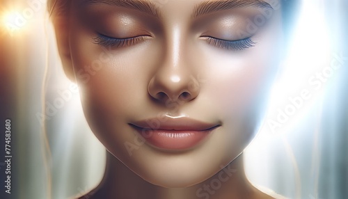 A close-up of a peaceful face with eyes closed, bathed in a soft, ethereal light suggesting inner tranquility. photo