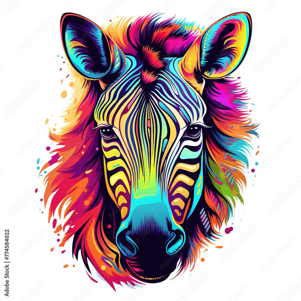 Fototapeta premium Colorful zebra head on white background on white background. Wild Animals. Illustration, Generative AI.