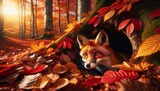 A fox peering out from its den among autumn leaves on the forest floor.