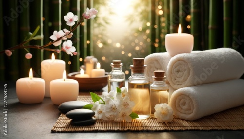 A serene spa atmosphere with fluffy white towels, scented candles, and clear bottles of essential oils with delicate flowers.