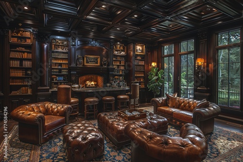 Masculine den with leather furniture dark wood