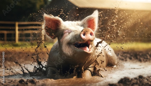 A whimsical close-up of a pig playfully rolling in the mud, with splashes frozen in time around its delighted face.