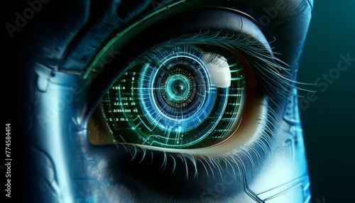 A close-up of a cybernetic eye with neon reflections showing lines of code and data processing in real-time.