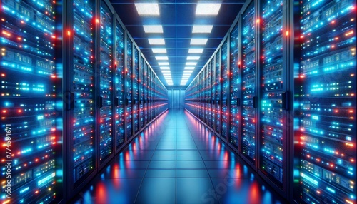 A server room with racks filled with computer servers with blue and red LED lights flickering, representing active data transmission and processing.