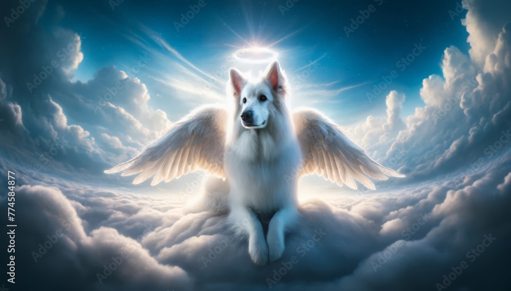 An image of a white Swiss Shepherd dog with soft, fluffy fur, wearing a pair of angelic wings.