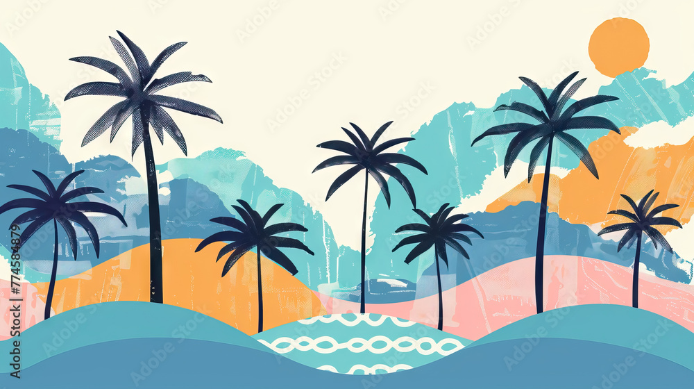 colorful Landscape of the tropical shore, palm tree, sun, waves on white background. Design of social media, banner, poster, newsletter, advertisement, leaflet, placard, brochure, wallpaper, t-shirt, 