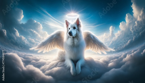 An image of a white Swiss Shepherd dog with soft, fluffy fur, wearing a pair of angelic wings. photo