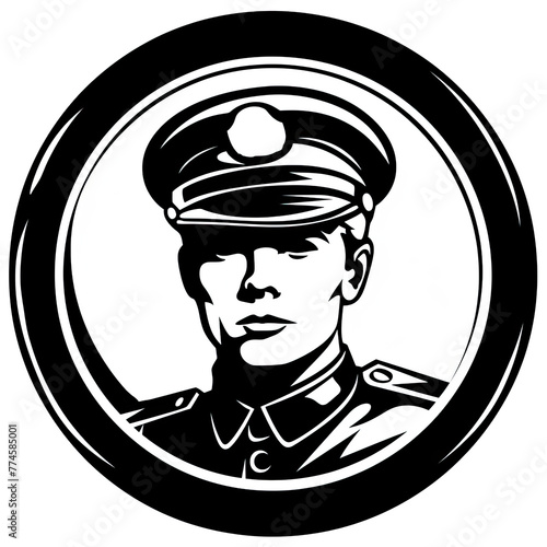 A black and white style logo of a soldier within a circle