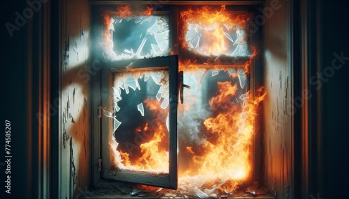 A close-up of a window frame with fire raging through the broken glass, providing a view into the chaos of a blaze.