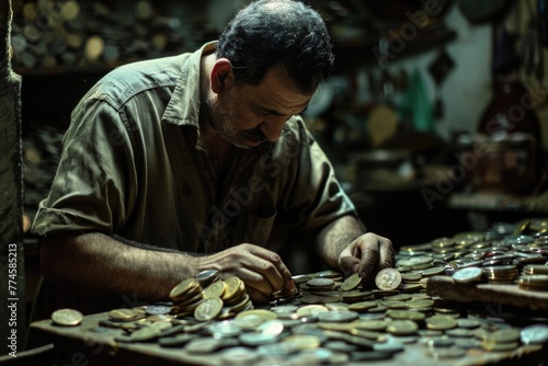 Artisan examining and selecting metal coins at his cluttered workbench in dim light