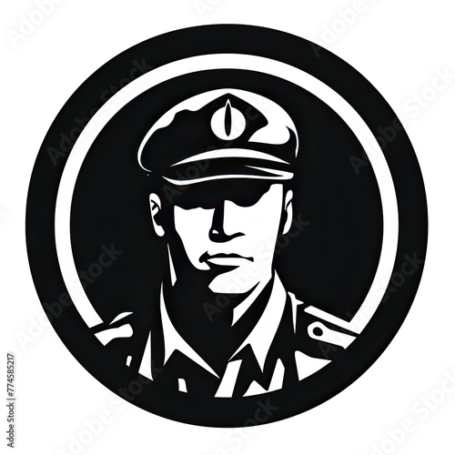 A logo of a soldier in black and white style
