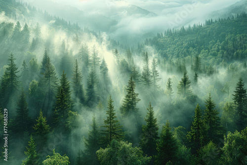 Fog in the mountains, Beautiful trees. Created with Ai