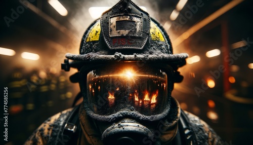A close-up of a fireman's helmet, covered in ash and soot, with flames reflected in the visor. photo