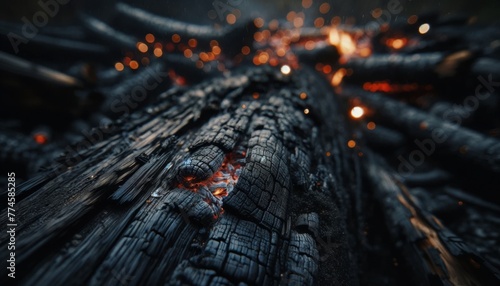 A close-up of charred wood texture from a recent forest fire, with details of the glowing embers visible amidst the blackened surface. photo