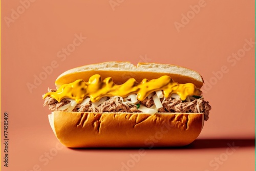 Juicy Cheesesteak Sandwich with Melted Cheese on Vibrant Yellow Gradient Background,  Soft Thick Italian Bread Wrap, Copy Space for Text Placement