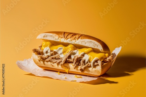 Juicy Cheesesteak Sandwich with Melted Cheese on Vibrant Yellow Gradient Background,  Soft Thick Italian Bread Wrap, Copy Space for Text Placement