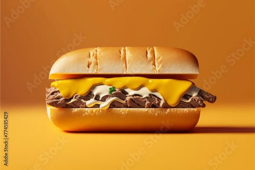 Juicy Cheesesteak Sandwich with Melted Cheese on Vibrant Yellow Gradient Background,  Soft Thick Italian Bread Bun Wrap, Copy Space for Text Placement