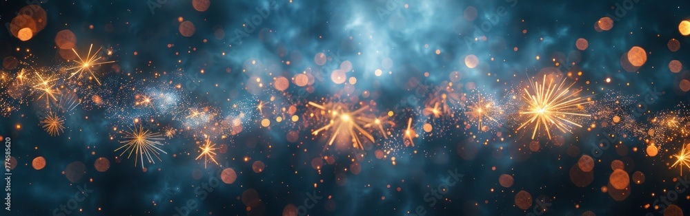 Silvester Party Background: Rustic Dark Blue Night Sky with New Year Fireworks & Sparklers Panorama - Festive Banner
