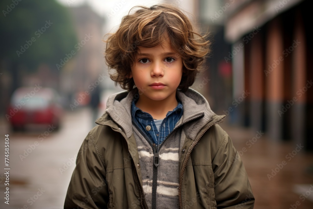 Portrait of a cute little boy in a coat on the street Portrait of a cute little boy in a coat on the street