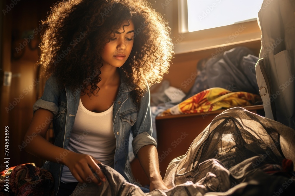 Pensive young woman with voluminous curly hair packing for a trip in a sunlight-filled room Pensive young woman with voluminous curly hair packing for a trip in a sunlight-filled room