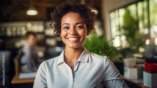 Beautiful American woman smiling at camera from office or cafe, confident business woman photo