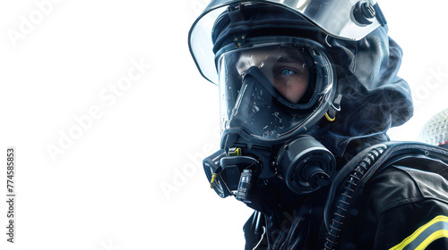Firefighter man wearing protective fire suite and helmet with equipment and accessories is fire safety accident protection with white background