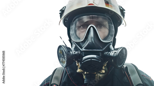 Firefighter man wearing protective fire suite and helmet with equipment and accessories is fire safety accident protection with white background