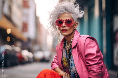 Fashionable woman in pink jacket and sunglasses sitting on the street