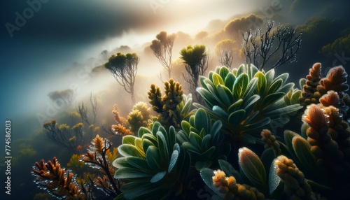 Envision a close-up image of native flora partially enveloped in volcanic fog. photo
